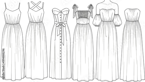 Women Summer Maxi Dress Collection Technical Sketch Vector Illustration Featuring Spaghetti Straps Cross Back Tie Straps and Off Shoulder Designs