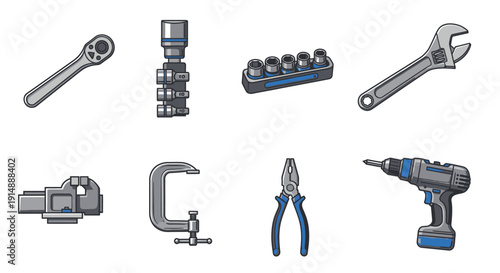 Collection of various tools and equipment for repair and maintenance work displayed on a clean white surface from a straightforward viewpoint