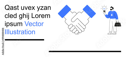 Collaboration, innovation, teamwork, partnership, creativity, problem-solving. Handshake symbol and businessman holding lightbulb. Collaboration and innovation through visual concepts