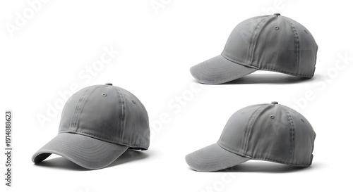 Versatile Grey Baseball Cap Collection Showcased from Three Distinct Angles on a Clean White Background, Emphasizing its Everyday Casual Style and Adaptable Comfort for Various Activities