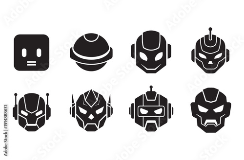 Robot head vector icons set with futuristic android faces and artificial intelligence technology concept for gaming interface and modern digital character design on background