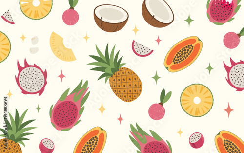 Vibrant seamless pattern of exotic tropical fruits like pineapple, papaya, dragon fruit, and coconut, perfect for summer designs.