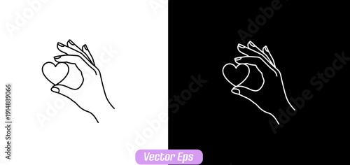 Minimalist vector line art illustration of a hand gently holding a small heart shape, isolated on transparent background, ideal for social media or branding.