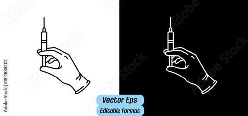 Vector outline illustration of a gloved hand holding a medical syringe, presented as a black line icon on white and a white line icon on black, isolated on transparent background.