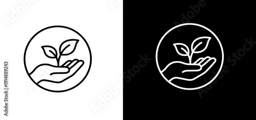 Vector line art icon of a hand holding a small plant sprout with two leaves, enclosed in a circular frame, presented in both black on white and white on black versions.