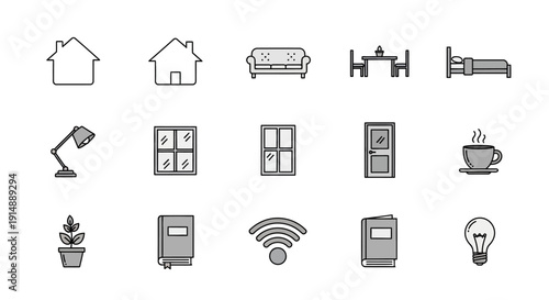 Minimalist home icons representing interior elements, tech, and comfort, line art style