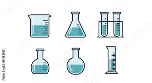 Minimalist illustrations of laboratory glassware for scientific research and chemical experiments