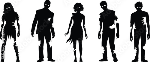 Set of silhouette vector zombies, scary undead figures, walking dead people with glowing eyes and torn clothes for Halloween design,