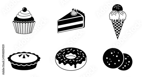 Minimalist monochrome icons of assorted desserts and sweet treats on white background