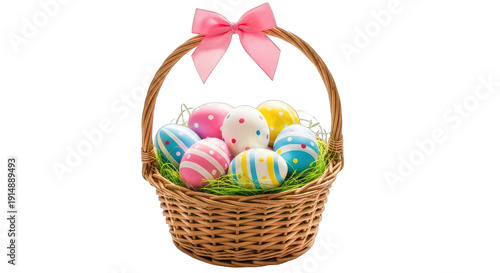 Easter basket with colorful eggs isolated on transparent background