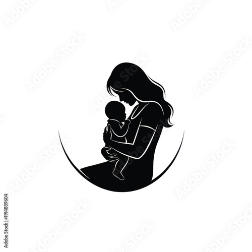 Black vector silhouette of a woman holding a baby isolated on white background