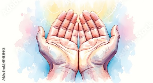 Open hands cupped upwards prayer or supplication against watercolor background yellow and blue soft color splashes symbolizing hope and spirituality gentle greeting