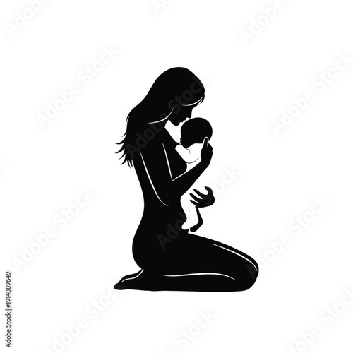 Black silhouette of a woman holding a baby isolated on white background