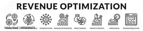 Revenue optimization banner presenting advanced income structuring and profitability enhancement strategy. in Lineal Icon Style