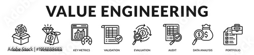 Value engineering banner emphasizing measurable performance validation and strategic resource alignment. in Lineal Icon Style
