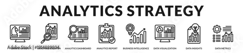 Analytics strategy banner highlighting structured intelligence planning and measurable performance frameworks. in Lineal Icon Style