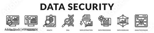 Data security banner emphasizing protection frameworks and secure analytics infrastructure management. in Lineal Icon Style
