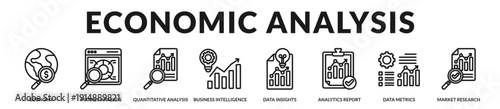 Economic analysis banner highlighting quantitative evaluation and strategic intelligence for market performance. in Lineal Icon Style