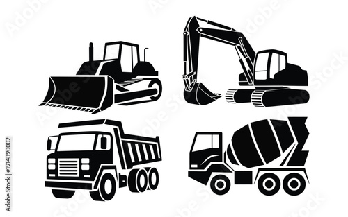 Collection of four construction vehicle silhouettes: excavator, bulldozer, cement mixer, and tipper truck, for industry themes.