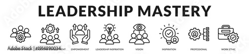Leadership mastery banner emphasizing visionary guidance and empowered professional excellence. in Lineal Icon Style