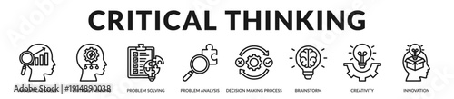 Critical thinking banner highlighting analytical reasoning and innovative problem solving capability. in Lineal Icon Style