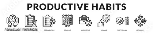 Productive habits banner emphasizing structured time discipline and consistent professional performance. in Lineal Icon Style