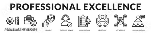 Professional excellence banner presenting reliable performance and structured organizational leadership standards. in Lineal Icon Style