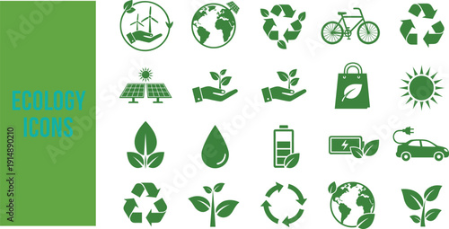 Green ecology and sustainability icon set featuring recycling renewable energy planet earth electric car leaves and circular economy symbols