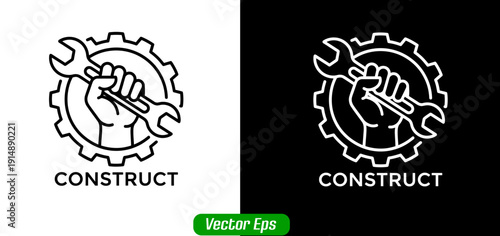Vector line art icon of a hand holding a wrench inside a cogwheel with 'CONSTRUCT' text, presented in black on white and white on black versions.