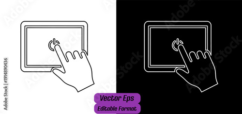 Vector outline illustration of a hand tapping a tablet screen, isolated on transparent background, suitable for UI/UX design or app icons.