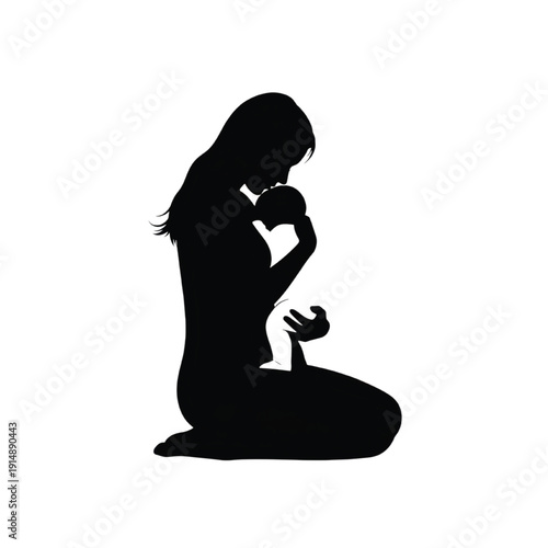 Black silhouette of a woman sitting with her baby isolated on white background