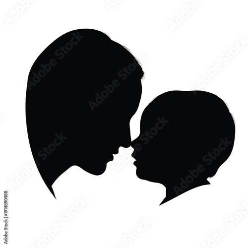 Black silhouette of a woman and a child touching noses isolated on white background