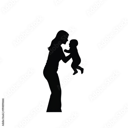 Black silhouette of a woman holding and lifting a baby isolated on transparent background