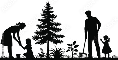 Family gardening silhouette with pine tree, parents and children planting and caring for garden together outdoors, black vector illustration isolated on white background