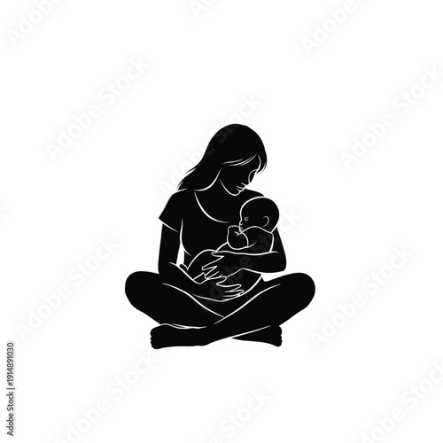 Mother breastfeeding baby sitting cross-legged isolated on transparent background