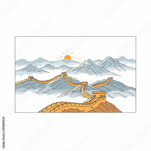 The Great Wall of China at sunrise with misty mountains