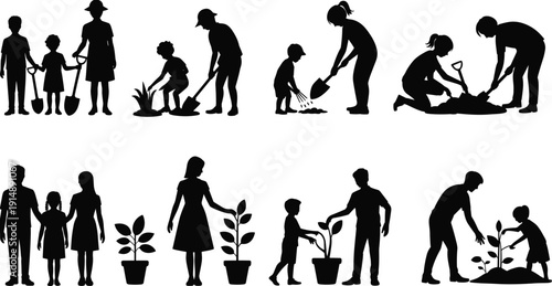 Family tree planting and gardening silhouettes set, parents and children working together outdoors, black vector illustration isolated on white background, environmental sustainability concept