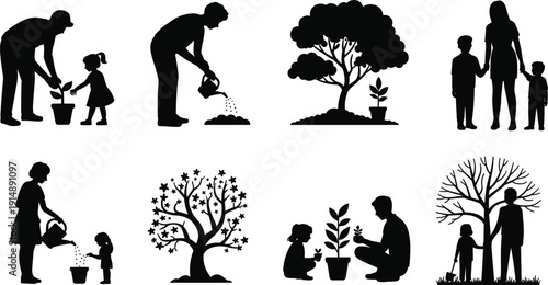 Family tree planting and growth stages silhouette set, parents and children gardening collection, black vector illustration isolated on white background