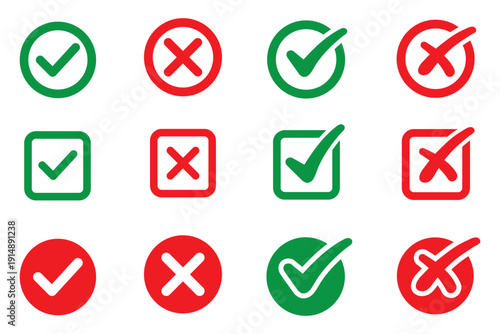 Free Download Set of green checkmark, red cross, x mark icon, flat rounded right and wrong sign concept Png. tick mark symbol and x cross icon - GFXLoad