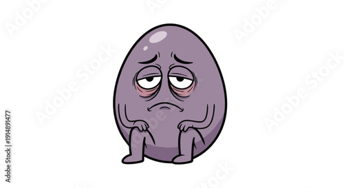 Whimsical illustration of a deeply tired and sad purple egg character, slumped over with prominent eye bags, conveying extreme weariness, exhaustion, and melancholy