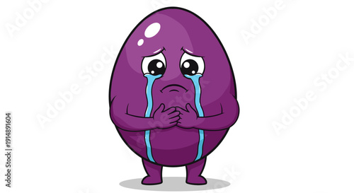 Cute purple cartoon egg character shedding tears profusely, conveying a strong sense of sadness and emotional distress, isolated on a white background in a vector illustration style