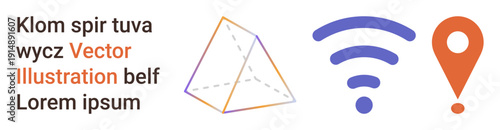 Technology, communication, navigation, abstract design, digital connectivity, location services. Stylized pyramid, wireless icon and location symbol with text. Digital connectivity and navigation