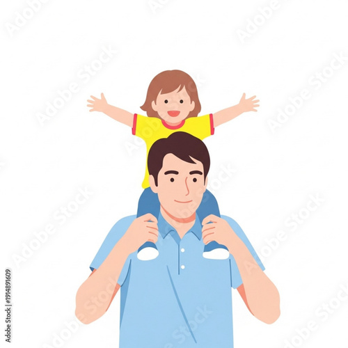 Father carrying child on shoulders and smiling in outdoor setting  