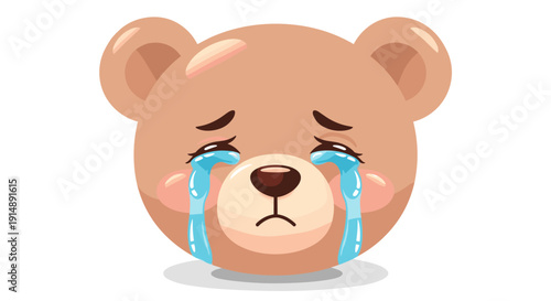 A tender and expressive vector illustration depicting a heartbroken cartoon bear with large, glistening tears streaming down its face, symbolizing profound sadness and emotional vulnerability