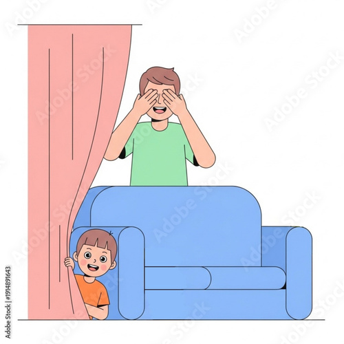 Father playing hide and seek with child behind curtain and sofa  