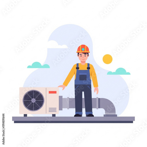 Male HVAC technician standing on rooftop with air conditioning unit  