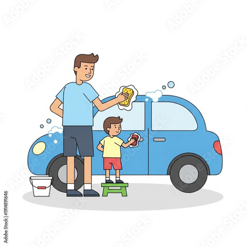 Father and son washing car together in outdoor setting  