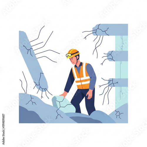 Male rescue worker inspecting debris in collapsed building  