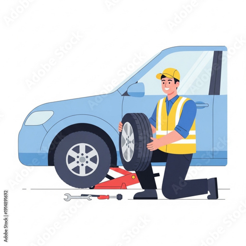Male roadside assistance worker changing tire near blue car  
