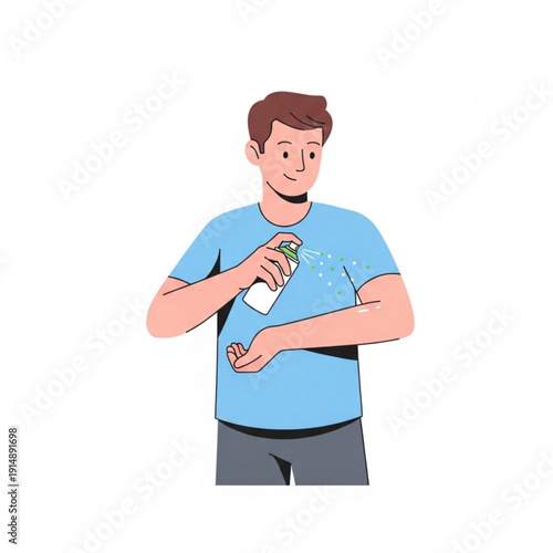 Man applying insect repellent spray on his arm indoors  